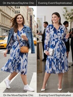 DKNY Abstract Blue Chiffon V-Neck Tie-Waist Midi Dress Size 14
